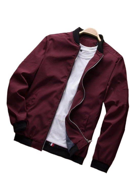 Men's Maroon Fleece Bomber Jacket - Stylish & Comfortable