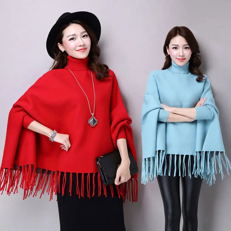 Women's Warm Shawl Poncho Sweater Cloak Tassels Elegant