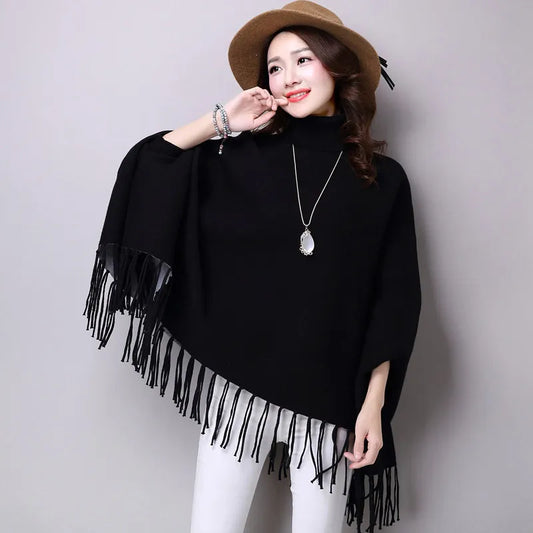 Women's Warm Shawl Poncho Sweater Cloak Tassels Elegant