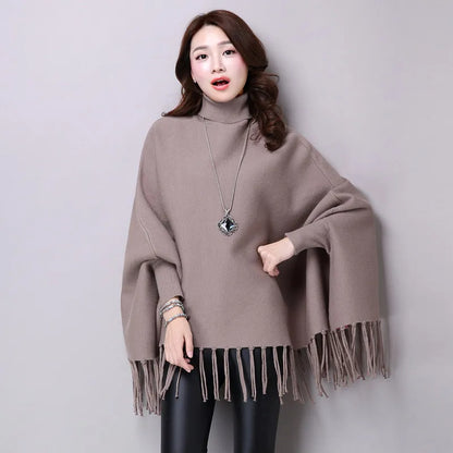 Women's Warm Shawl Poncho Sweater Cloak Tassels Elegant